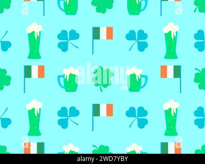 Seamless pattern with clover leaves, Irish flag and glasses of beer for St. Patrick's Day. Glasses of green beer of different shapes. Design for wallp Stock Vector