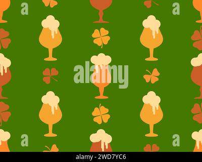 Seamless pattern with clover leaves and glasses of beer for St. Patrick's Day. Glasses of beer on a stem with foam. Festive design for wallpaper, bann Stock Vector