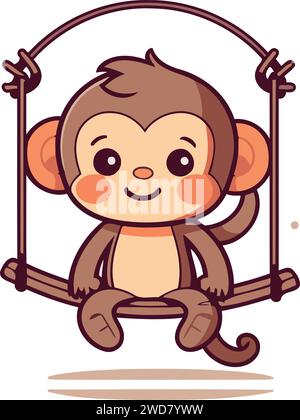 Cute monkey hanging on a swing. Vector cartoon character illustration. Stock Vector