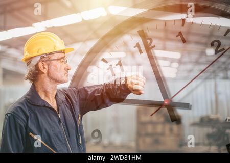 Engineer senior mananger worker looking at wristwatch overlay time clock face. Industry factory working hours concept. Stock Photo