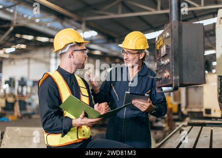 senior supervisor male talking with young new engineer employee training teaching for machine operate Stock Photo