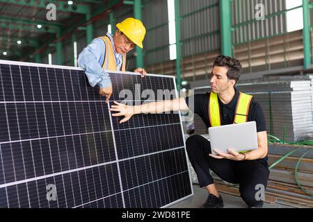 engineer team working check testing solar panel process before sand to customer for setup install Stock Photo