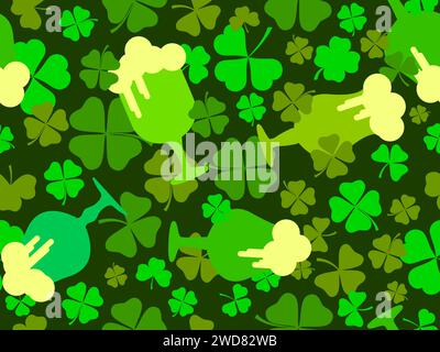 Seamless pattern with clover leaves and glasses of beer for St. Patrick's Day. Green glasses of beer on a stem with foam. Festive design for wallpaper Stock Vector