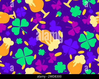 Seamless pattern with gold coins, clover leaves and glasses of beer for St. Patrick's Day. Glasses of beer on a stem with foam. Design for wallpaper, Stock Vector