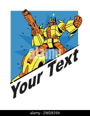 Illustration of a transforming robot with a weapon. Vector. The robot cyborg is a cartoon, not a children's character. Comic book hero. Picture for T- Stock Vector