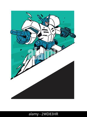 Illustration of a transforming robot with a weapon. Vector. The robot cyborg is a cartoon, not a children's character. Comic book hero. Picture for T- Stock Vector