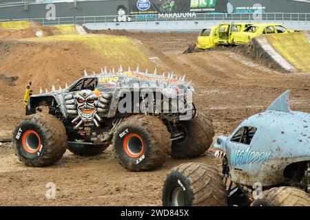 Monster Truck 'Megalodon' and 'MAX-D' at Unique Diego Armando Maradona Stadium in La Plata, Province of Buenos Aires, Argentina, Monster Jam 16.12.202 Stock Photo