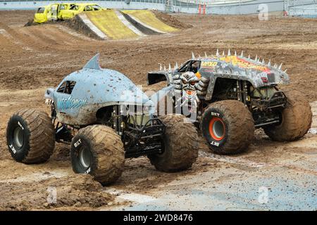 Monster Truck 'Megalodon' and 'MAX-D' at Unique Diego Armando Maradona Stadium in La Plata, Province of Buenos Aires, Argentina, Monster Jam 16.12.202 Stock Photo