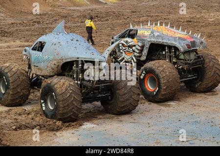 Monster Truck 'Megalodon' and 'MAX-D' at Unique Diego Armando Maradona Stadium in La Plata, Province of Buenos Aires, Argentina, Monster Jam 16.12.202 Stock Photo