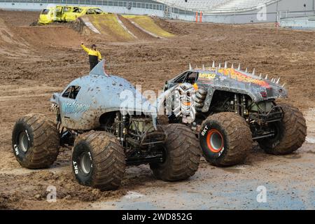 Monster Truck 'Megalodon' and 'MAX-D' at Unique Diego Armando Maradona Stadium in La Plata, Province of Buenos Aires, Argentina, Monster Jam 16.12.202 Stock Photo