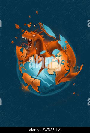 The birth of the Dragon symbol of the year 2024. The crust of the planet Earth splits like an egg shell, an allegorical depiction of wars and cataclys Stock Photo