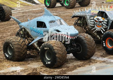 Monster Truck 'Megalodon' and 'MAX-D' at Unique Diego Armando Maradona Stadium in La Plata, Province of Buenos Aires, Argentina, Monster Jam 16.12.202 Stock Photo