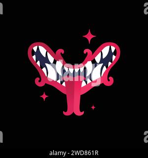 Mouth with teeth and red tongue. Vector. Silhouette of the mouth of a toothy demon. Hero mascot for comics or sports game. Mask for t-shirt design. Go Stock Vector