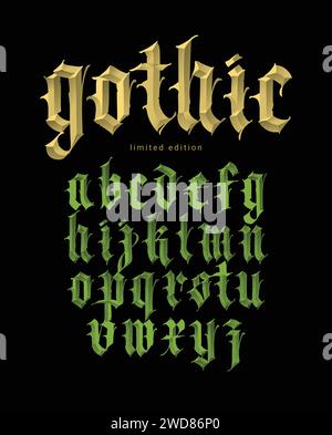 Gothic, English alphabet. Vector set. Font for tattoo, personal and commercial purposes. Elements are isolated on a black background. Calligraphy and Stock Vector