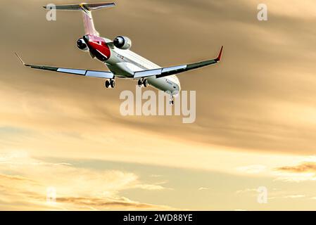 Barcelona, Spain; November 1, 2023: Bombardier CRJ 1000 airplane of the Air Nostrum Iberia Regional company, landing at the Josep Tarradellas Barcel Stock Photo