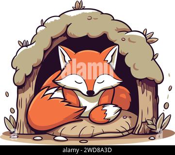 Cute cartoon fox in a cave. Vector illustration isolated on white background. Stock Vector