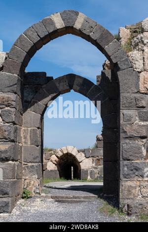 Detail section of the stone archways and walls of the restored Belvoir Crusader Castle in the Galilee in northern Israel. Stock Photo