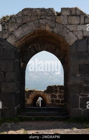 Detail section of the stone archways and walls of the restored Belvoir Crusader Castle in the Galilee in northern Israel. Stock Photo