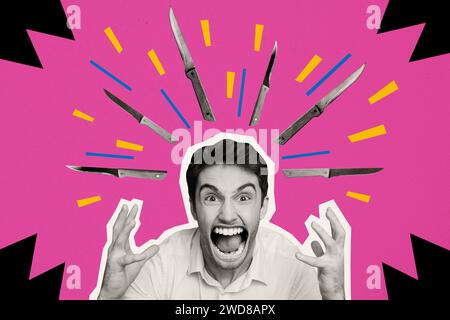 Photo collage illustration young screaming man suffering knives pain disorder emotional stress furious hate feeling screaming shout Stock Photo