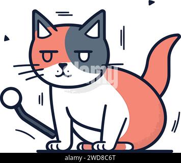 Cute cat with walking stick. Vector illustration in line art style. Stock Vector