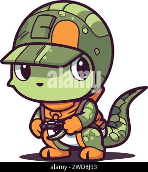 Cute cartoon snake in a military helmet. Vector illustration isolated on white background. Stock Vector