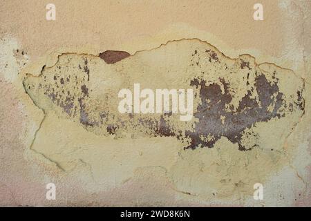 Detail of dampness damage on pastel colored wall plaster with orange peel stipple finish, abstract background Stock Photo