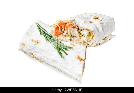 Shawarma roll sandwich in a lavash with chicken, beef, mushrooms, cheese. Dark Isolated on white background, Top view Stock Photo