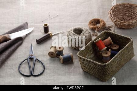 sewing threadswith needles and a trunk for accessories on a canvas Stock Photo