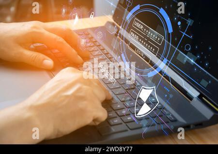 Keypad, cyber shield, lock, technology security system. Digital link. Cyber security with advanced technology. Stock Photo