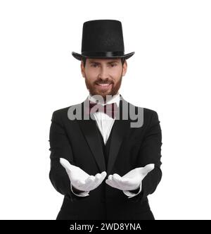Happy magician in top hat on white background Stock Photo - Alamy