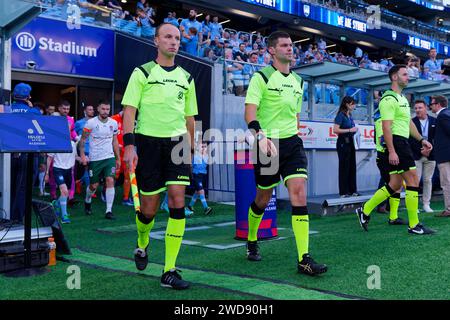 Sydney, Australia. 19th Jan, 2024. Match referees walk onto the pitch before the A-League Men Rd13 match between Sydney FC and Newcastle Jets at Allianz Stadium on January 19, 2024 in Sydney, Australia Credit: IOIO IMAGES/Alamy Live News Stock Photo