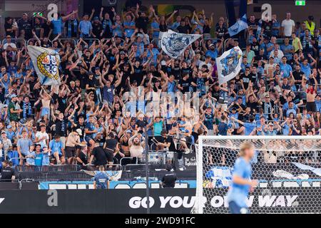 Sydney, Australia. 19th Jan, 2024. Sydney FC fans show their support during the A-League Men Rd13 match between Sydney FC and Newcastle Jets at Allianz Stadium on January 19, 2024 in Sydney, Australia Credit: IOIO IMAGES/Alamy Live News Stock Photo