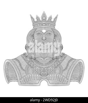 Portrait of Young King with ornament decoration, Vintage engraving drawing illustration Stock Vector