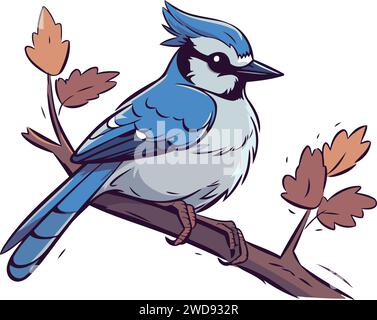Blue jay bird sitting on branch with leaves. Vector illustration. Stock Vector
