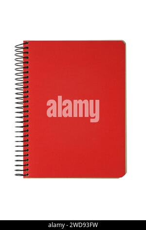 Closed spiral bound notepad with red cover isolated on white background. Top view, copy space for text, template, mockup. Stock Photo