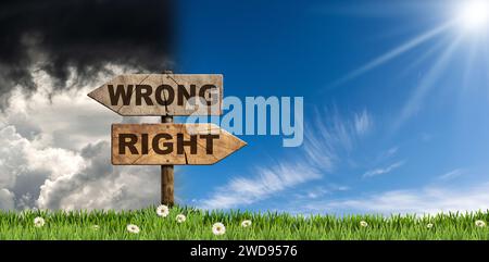 Two wooden directional signs with text Right and Wrong on a countryside landscape against a clear blue sky with sunbeams and a dramatic sky with dark Stock Photo