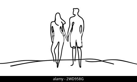 Couple walking together holding hands in continuous line art drawing style. Loving man and woman. Romantic date. Black linear sketch isolated on white Stock Vector