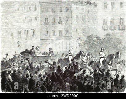 1872-07-24, La Ilustración Española y Americana, Atentado contra los reyes de España en la noche del 18 b (cropped) Demostraciones del pueblo en la tarde del 19, cuando salieron á paseo SS. MM. Stock Photo