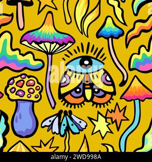 Bright colorful seamless pattern with psychedelic vivid fantasy mushrooms. Vector illustration. Stock Vector