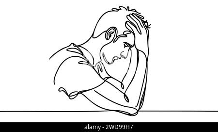 Continuous line drawings of man feeling sad, tired and worried about suffering from depression in mental health. problems, failures and concepts of he Stock Vector