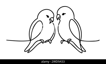 Vector one line illustration with two parrots on a branch on white background. Love birds in lineart style for greeting card, wall art and invitation Stock Vector