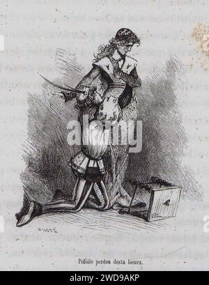 1879, El ingenioso hidalgo D. Quijote de la Mancha, Pidióle perdón desta locura, Mestres. Stock Photo