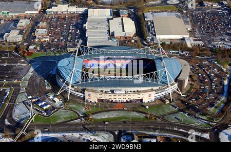 up-to-date (Jan 2024) aerial view of Bolton Wanderers football ground, The Toughsheet Community Stadium. Also known as Reebok & University of Bolton Stock Photo