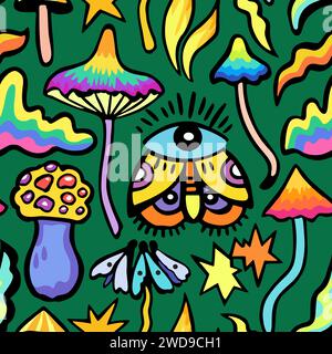 Bright colorful seamless pattern with psychedelic vivid fantasy mushrooms. Vector illustration. Stock Vector