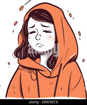 Vector illustration of a sad girl in a hoodie. Isolated on white background. Stock Vector