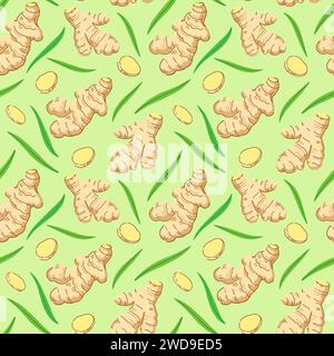 Seamless pattern with ginger roots, slices and leaves. Vector illustration. Stock Vector