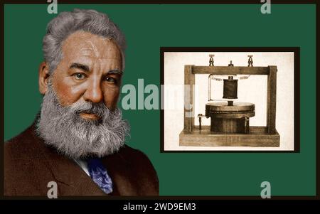 Alexander Graham Bell  (born Alexander Bell)  1847 –   1922)[ the Scottish-born Canadian-American inventor, scientist and engineer who is credited with patenting the first practical telephone. In 1885 he  co-founded AT&T, the American Telephone and Telegraph Company (AT&T) . INSET: his first telephone Stock Photo