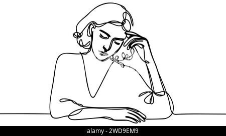 Continuous line drawing of woman think, holding her face in despair ...