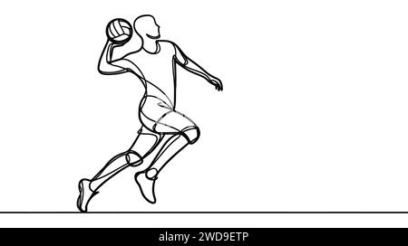 One continuous line drawing of young male professional volleyball player in action jumping spike on court. Healthy competitive team sport concept. Dyn Stock Vector