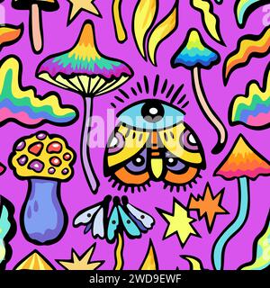 Bright colorful seamless pattern with psychedelic vivid fantasy mushrooms. Vector illustration. Stock Vector